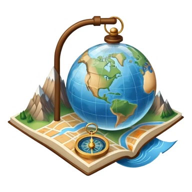 An icon featuring a globe, a compass, and a map, symbolizing geography. The design includes mountain ranges, rivers, and continents, representing the study of Earth’s landscapes and environments. Transparent background highlights the exploration and understanding of the world’s geography. sticker