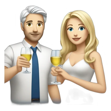 A white woman with brown eyes and blond medium long hair and a white man with blue eyes and grey hair, toasting with a glass of white wine sticker