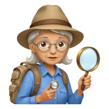 Explorer old woman with hat and magnifying glass and backpack, portrait sticker