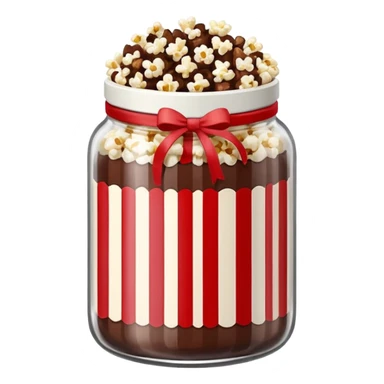Chocolate popcorn in a jar with red and white vertical lines sticker