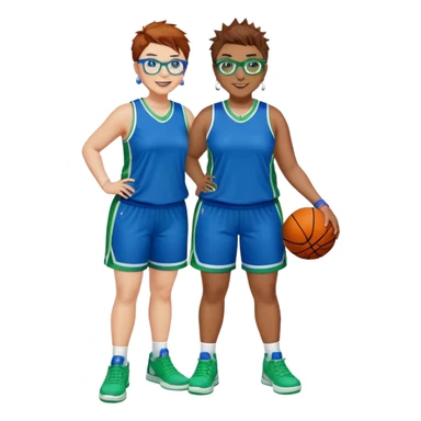 Full Body plus size white female basketball player with short medium brown hair with carmel highlights spikey hair wearing blue glasses 
 wide nose wearing blue green uniform  green sneakers smiling wearing silver hoop earrings sticker
