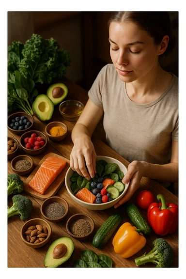 A realistic, cinematic flat-lay image of a clean wooden kitchen table filled with fresh, colorful whole foods known to help reduce androgen excess naturally. The table includes leafy greens like spinach and kale, avocados, berries, colorful vegetables, nuts, seeds (chia and flaxseeds), wild-caught salmon, and herbal teas, carefully arranged in an aesthetically pleasing, organized manner. A small glass bowl with olive oil and another with turmeric powder are included, emphasizing anti-inflammatory properties. In the scene, a young woman with clear, healthy skin and a calm expression is preparing a bowl with these ingredients, symbolizing a hormone-balancing diet. Warm, natural daylight streams in, creating a cozy and inviting atmosphere. The style is hyper-realistic 35mm photography, with vibrant yet soft colors, showcasing textures of the fresh produce and the peaceful vibe of using nutrition to support hormonal balance sticker
