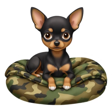 Min-Pin Chihuahua with a dark coat curled up on a camo blanket, small and alert sticker