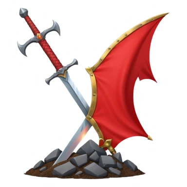 large sword inspired by Guts' sword from Berserk driven into the ground with a red banner waving behind it featuring a dragon head symbolizing the start of a hunt clean epic easily recognizable emoji style WhatsApp emoji sticker