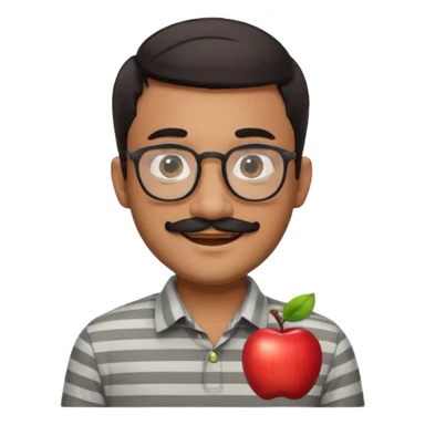 cheerful young South Asian man, short dark hair, round glasses, thick black mustache, light grey striped collared shirt, smiling, Apple emoji style, friendly and welcoming sticker