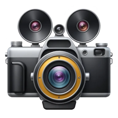 Minimal emoji icon of a huge cinematic metalic camera, front view, realistic lens, no gold sticker
