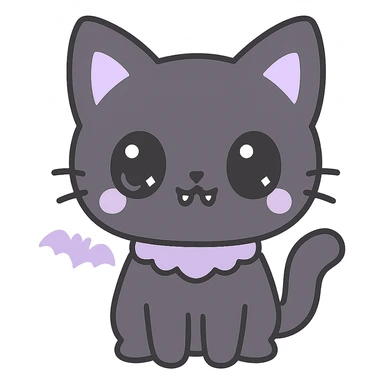kawaii style gothic cat, adorable face, black and purple fur, sparkling eyes, tiny fangs, sweet and spooky sticker