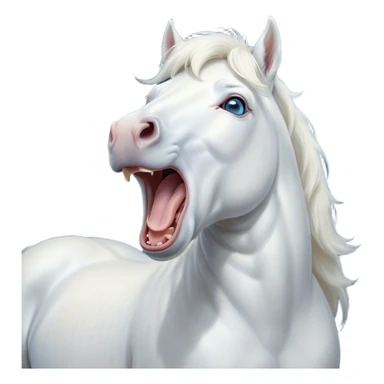 Cinematic Cute Yawning White Horse Portrait Emoji, Head tilted slightly with a dramatic, wide-open yawn, revealing a soft white fur with a subtle shimmer, floppy ears slightly drooping, round blue eyes barely open in drowsy contentment, Simplified yet irresistibly adorable features, highly detailed, glowing with a soft, cozy glow, high shine, relaxed yet expressive, stylized with a touch of whimsy, bright and endearing, soft glowing outline, capturing the essence of a sleepy yet affectionate horse, so drowsy it feels like it could stretch out of the screen and curl up for a nap! sticker