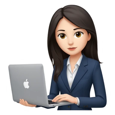 Sales women specialist in shipping with dark long hair with suits and MacBook  sticker