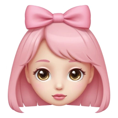 Cute coquette emoji, round face, big sparkling eyes, soft blush on cheeks, small pink bow on top of the head, pastel colors, simple vector style, transparent background


 sticker