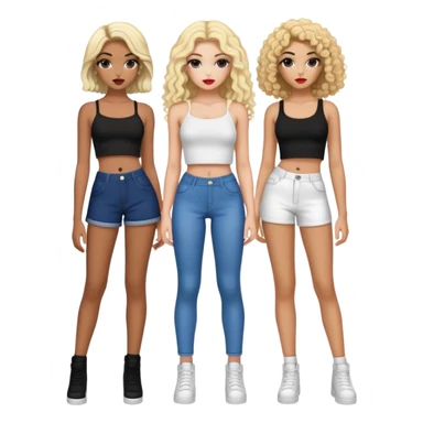 Full body of two teenage girls standing together, one white with straight blonde hair and one brown-skinned with curly black hair, both with heavy makeup, big lips, crop tops and choni style clothing sticker