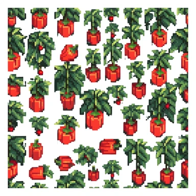 Green pepper plant with bright red bell peppers growing on stems sticker
