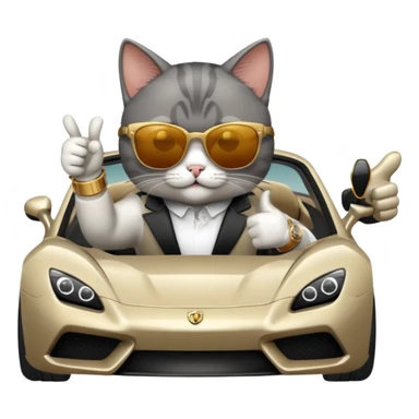cat wearing sunglasses and a watch giving a thumbs up next to a fancy car sticker