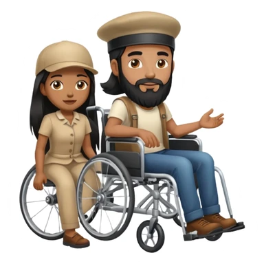 Beige skin man with a beard and cap in a wheelchair and a brown skin woman with long black hair in a wheelchair  sticker