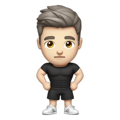 Confused Pale skinned Fit Man With the biceps and dark brown hair in black shirt, gray sports shorts and white Sneakers sticker
