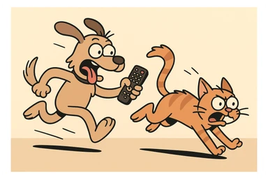 a dog holding a remote, in mid-chase after a cat, dynamic and funny, cartoon style sticker