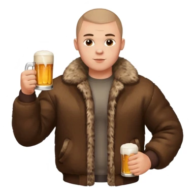 „A strong Russian young man with a buzz cut, muscular build, wearing a bear fur coat, holding a beer in one hand, confident expression, snowy background, Slavic aesthetics sticker