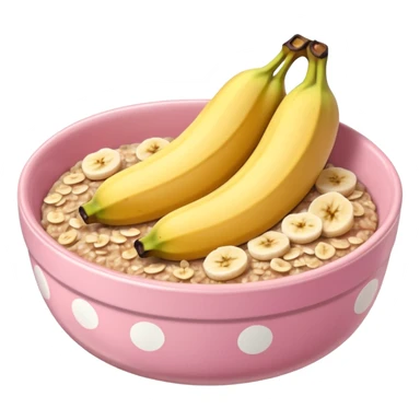 banana baked oats in a bowl like oat meal with a couple banana slices on top that look a little bit caramelised and a light pink bowl with white polka dots please with NO whole banana on top just slices  sticker