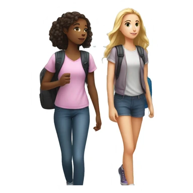 White teen girl and black teen girl are talking and walking with lockers and a lot of school kids behind them sticker