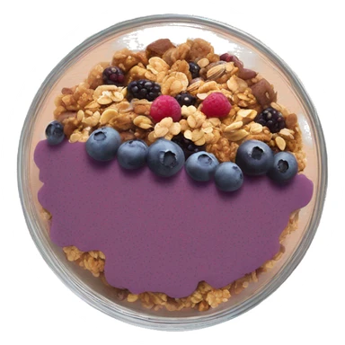 Açaí in a clear bowl layered with milk berries and granola sticker