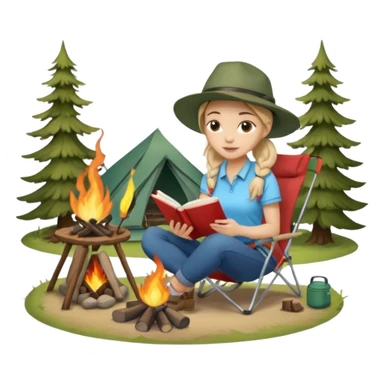 A pony tail hair woman journaling on a camping chair, enjoying the quiet nature scene beside a campfire sticker