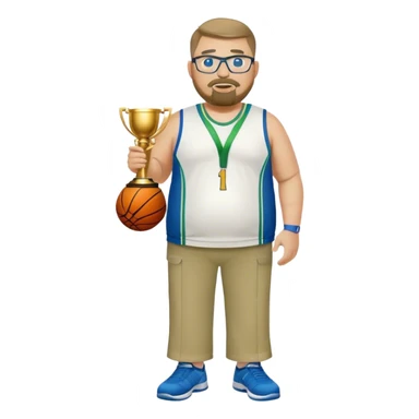 full body white obese male basketball coach with trophy. Goatee , Wearing glasses and blue and green polio and khaki pants sticker