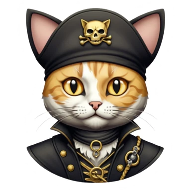 Highly detailed dark fantasy sticker art,cat, gritty pirate aesthetic, intricate engraving style, cinematic lighting, gold and charcoal color palette, sharp edges, white border, vector contour --v 6.0 sticker