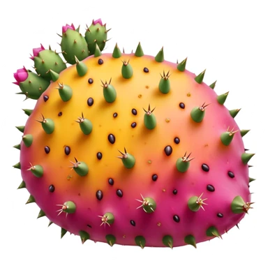 one whole prickly pear fruit with slightly oval shape, smooth skin dotted with tiny subtle spines, skin color vibrant pink to yellow-orange, halved version reveals vivid magenta or golden pulp speckled with small seeds, no cactus pads, knife, or extras, soft lighting, subtle shadows, emoji scale sticker
