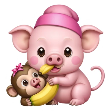 a pig with a pink ribbon on its head and a monkey eating a banana sticker