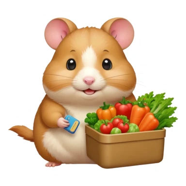 Cute chubby cartoon-style hamster holding a small bento box filled with vegetables, smiling proudly. Soft painterly shading, white background, sticker-style illustration sticker