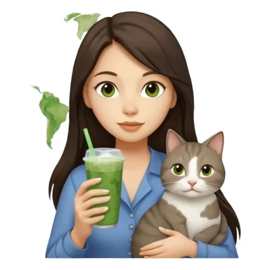 a brunette woman with long hair in here 30S drinking an iced matcha, carrying a grey cat and a map of the world sticker