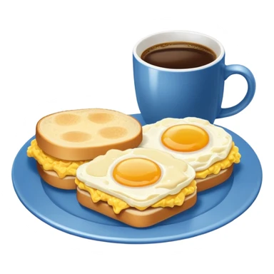 a blue plate with breakfast sandwiches and scrambled eggs and a cup of white coffee sticker