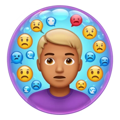 Realistic emoji-style man trapped inside a glowing filter bubble. The bubble contains identical social media icons and repeating content symbols. Outside the bubble are colorful diverse icons he cannot see. The man looks comfortable but unaware, expressing narrow perspective. sticker