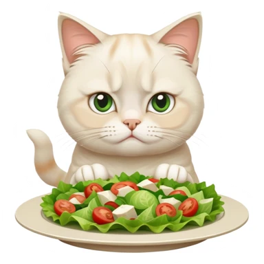 grumpy white cat sitting at a table, looking confused with its ears slightly back. In front of the cat is a plate with a salad sticker