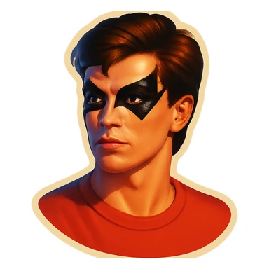 male subject with dramatic, angular black eye makeup, retro sticker style, subject inside image borders, high quality sticker