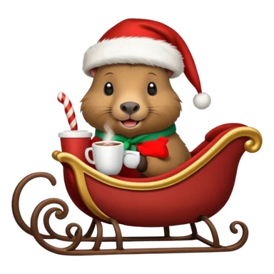 capybara wearing a santa hat, holding a cup of hot cocoa in a sleigh sticker
