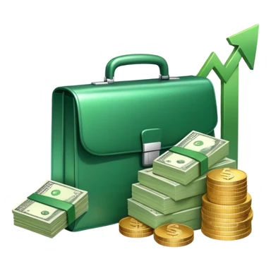 An icon showing a briefcase, a stack of money, and a graph with upward growth, representing business and entrepreneurship. The design highlights innovation, investment, and success in the world of startups and corporate ventures. Transparent background emphasizes the dynamic nature of business. sticker