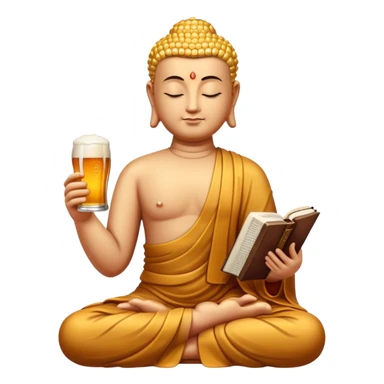 Meditating Buddha Reading the Bible with a beer sticker