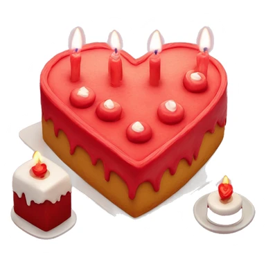 Red primarily colored heart shaped birthday cake, top view, 4 candles, no playe sticker