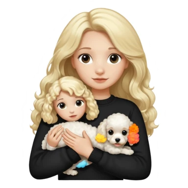blonde girl with long hair in a black sweater holds a Poodle puppy in her arms sticker