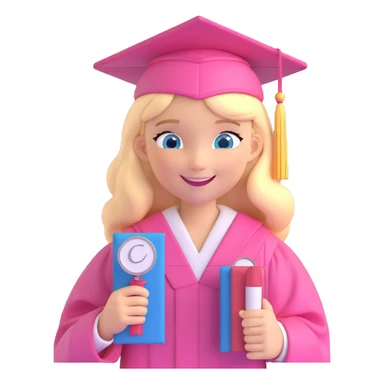 blonde girl with blue eyes in a pink graduation cap and gown, smiling, holding diploma sticker