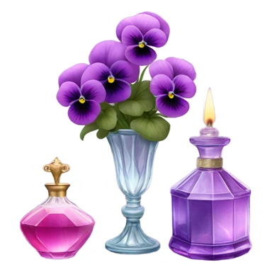 A pink aesthetic still-life: a decorative candle in a glass jar, violet pansies in a crystal vase, and an ornate purple perfume bottle sticker