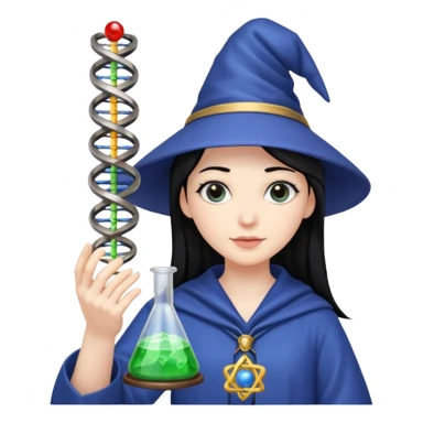 Female wizard with black hair holding a double helix DNA one hand and a methyl group in the other sticker