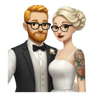 White Blonde hair up bride glasses tattoos vintage tea length dress with white groom black glasses ginger beard no head hair sticker