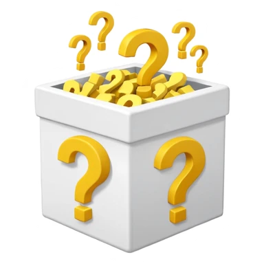 white cube shaped box over stuffed with yellow question marks sticker
