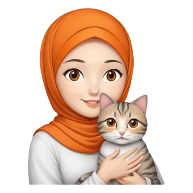 Asian White girl with black eyes wearing orange hijab and white dress holding a black grey tabby cat while smiling.  sticker