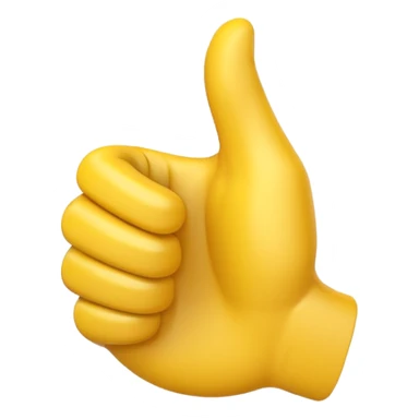 Apple-style 3D illustration of a single yellow emoji hand giving a thumbs up gesture, glossy and rounded, centered on a clean white background, soft shadow underneath, isolated and minimal design sticker