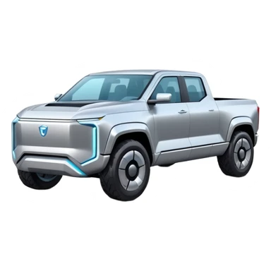 A futuristic electric pickup truck emoji, silver chrome body, angular cyber design, smooth metallic panels, subtle reflections, minimalistic proportions, iOS emoji style, centered composition, clean white background, soft lighting sticker