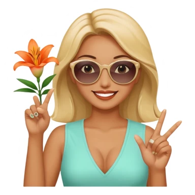 Relaxed sexy woman smiling holding lilies posing in shades  and flashing peace sign  hand sticker