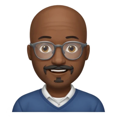 African american male, bald, full gray beard, black mustache. Round face, glasses sticker